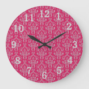 Roze & Zilveren Damask-wandklok met cijfers Grote Klok