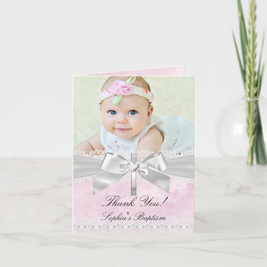 Roze Zilveren Damast Boog Doop Dankjewel Kaart (Voorkant)