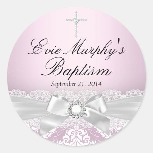  Roze Zilveren Damast & Bow Doop Sticker (Voorkant)