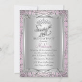 Roze Zilveren Damast Tiara Sweet 16 Uitnodiging (Voorkant)