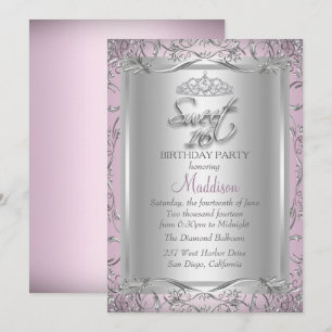 Roze Zilveren Damast Tiara Sweet 16 Uitnodiging