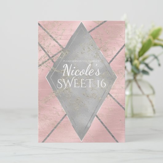 Roze Zilveren Diamant Glam Sweet 16 ELKE PARTY Fee Kaart (Staand voorkant)