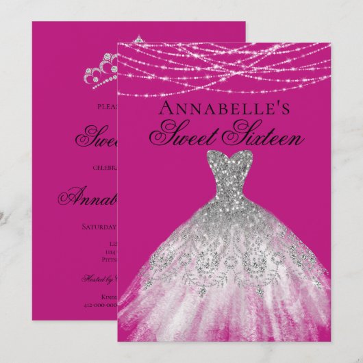 Roze & Zilveren Diamanten Sparkle Dress Sweet 16 Kaart (Voorkant / Achterkant)