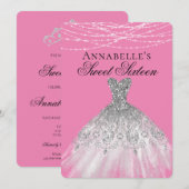 Roze & Zilveren Diamanten Sparkle Dress Sweet 16 Kaart (Voorkant / Achterkant)
