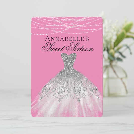 Roze & Zilveren Diamanten Sparkle Dress Sweet 16 Kaart (Staand voorkant)