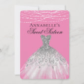Roze & Zilveren Diamanten Sparkle Dress Sweet 16 Kaart (Voorkant)
