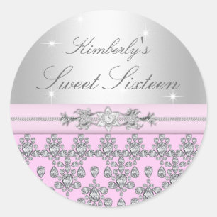 Roze & Zilveren Diamanten Sweet 16 Sticker