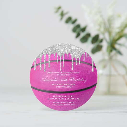 Roze Zilveren Drip Meisjes Basketbal Uitnodiging (Staand voorkant)