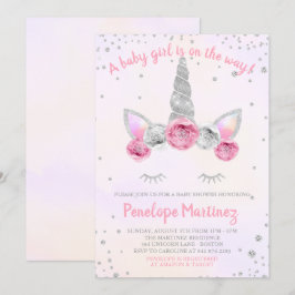 Roze Zilveren Eenhoorn Gezicht Baby Shower Uitnodi Kaart