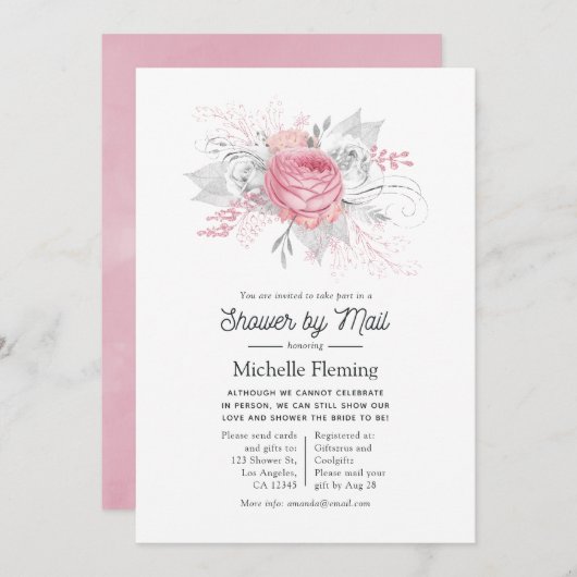 Roze, zilveren en witte bloemendouche per post kaart (Voorkant / Achterkant)