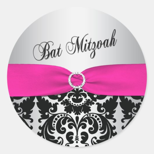 Roze, Zilveren, en Zwarte Damast Bat Mitzvah Stick Ronde Sticker (Voorkant)