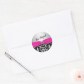 Roze, Zilveren, en Zwarte Damast Bat Mitzvah Stick Ronde Sticker (Envelop)