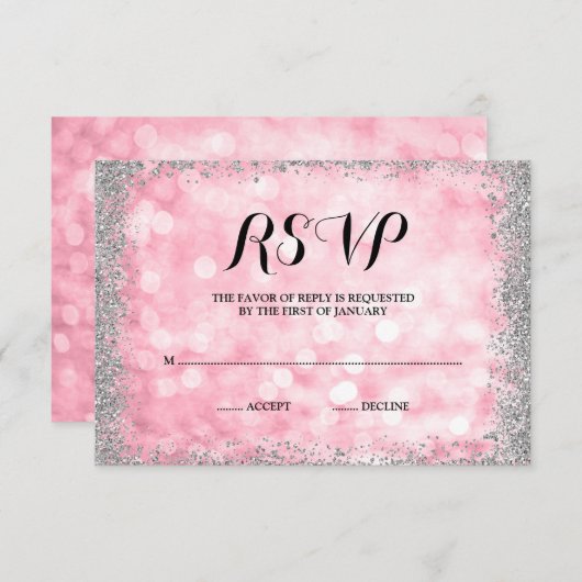 Roze Zilveren Faux Glitter Lights RSVP (Voorkant / Achterkant)