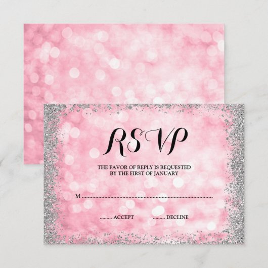 Roze Zilveren Faux Glitter Lights RSVP Kaartje (Voorkant / Achterkant)
