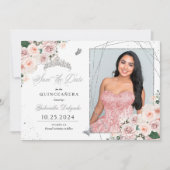 Roze & Zilveren Fotokaart Quinceañera De datum ops Kaart (Voorkant)