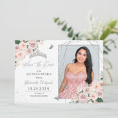 Roze & Zilveren Fotokaart Quinceañera De datum ops Kaart (Staand voorkant)