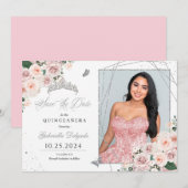 Roze & Zilveren Fotokaart Quinceañera De datum ops Kaart (Voorkant / Achterkant)