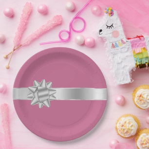 Roze Zilveren Glam Ribbon Bow Verjaardag Papieren Bordje