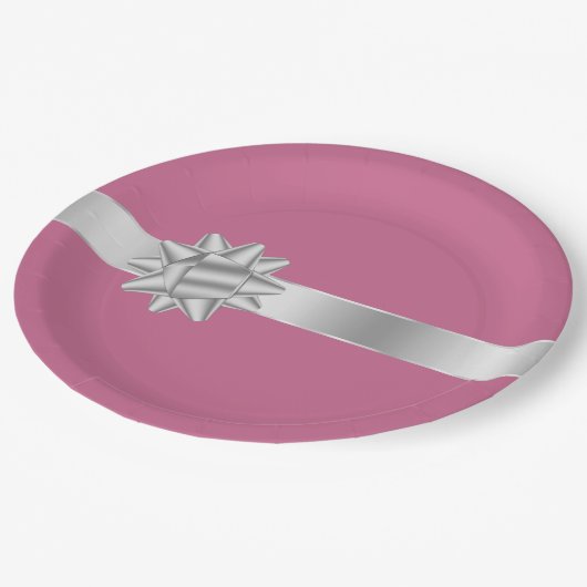 Roze Zilveren Glam Ribbon Bow Verjaardag Papieren Bordje (Gekanteld)
