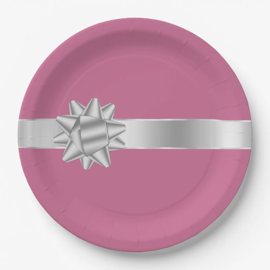 Roze Zilveren Glam Ribbon Bow Verjaardag Papieren Bordje (Voorkant)