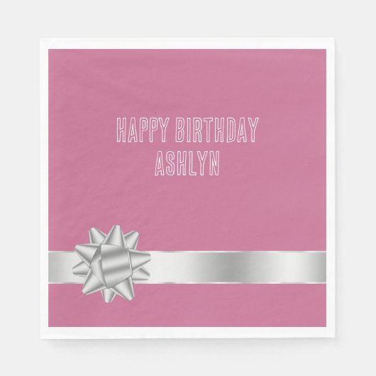Roze Zilveren Glam Ribbon Bow Verjaardag Servet (Voorkant)