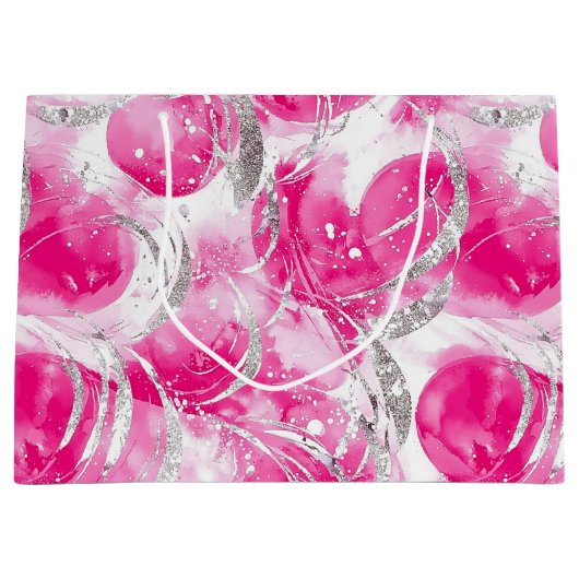 Roze Zilveren Glamour Abstracte Cirkels Verjaardag Groot Cadeauzakje (Voorkant)