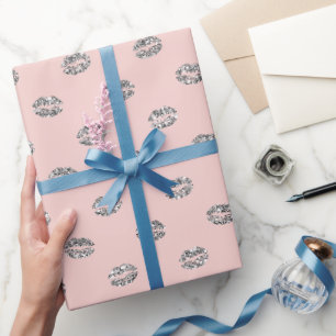 Roze Zilveren Glans Lippen XOXO Verjaardag Cadeaupapier