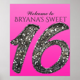 Roze & Zilveren Glitter 16 Zestien Feest Poster
