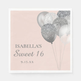Roze Zilveren Glitter Ballonnen Sweet 16  Servet