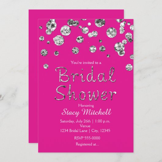 Roze Zilveren Glitter Bruids Douche Uitnodiging (Voorkant / Achterkant)