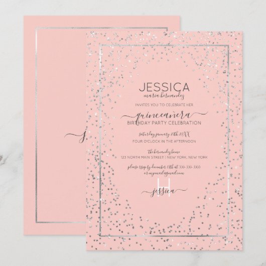 Roze zilveren glitter Confetti Border Quinceañera Kaart (Voorkant / Achterkant)