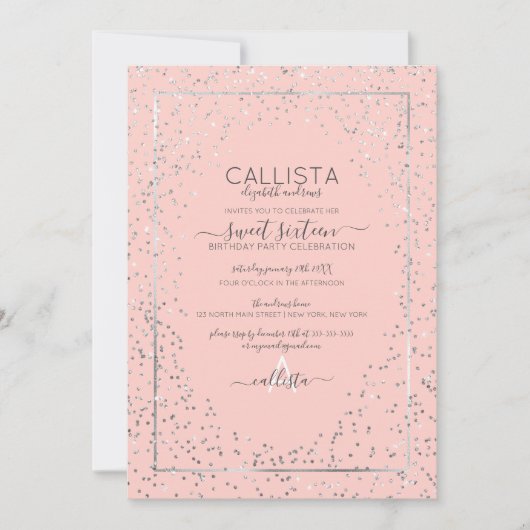 Roze Zilveren Glitter Confetti Border Sweet 16 Kaart (Voorkant)