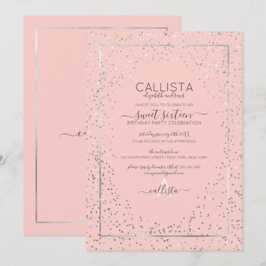 Roze Zilveren Glitter Confetti Border Sweet 16 Kaart (Voorkant / Achterkant)