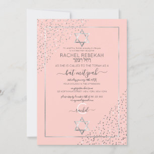 Roze Zilveren Glitter Confetti Corners Bat Mitzvah Kaart