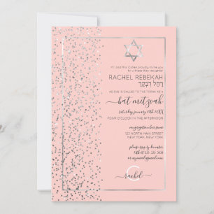 Roze Zilveren Glitter Confetti Side Bat Mitzvah Kaart