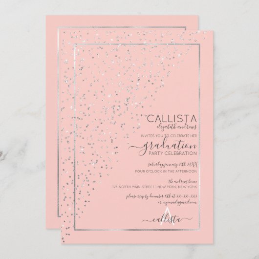 Roze Zilveren Glitter Diagonaal Confetti Afstudere Kaart (Voorkant / Achterkant)