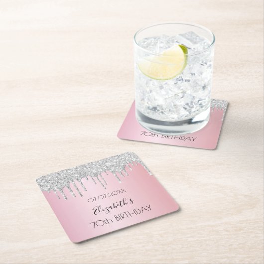 Roze zilveren glitter druppels naam verjaardag kartonnen onderzetters (Insitu)