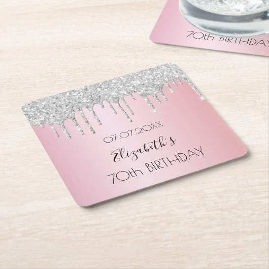 Roze zilveren glitter druppels naam verjaardag kartonnen onderzetters (Schuin)