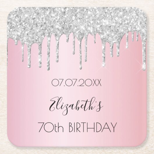 Roze zilveren glitter druppels naam verjaardag kartonnen onderzetters (Voorkant)