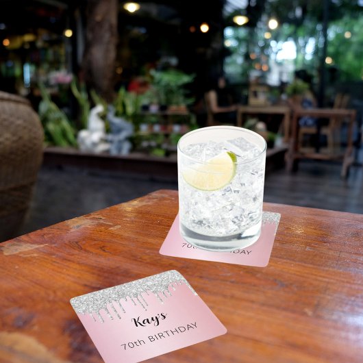 Roze zilveren glitter druppels naam verjaardag kartonnen onderzetters