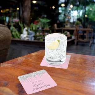 Roze zilveren glitter druppels naam verjaardag kartonnen onderzetters