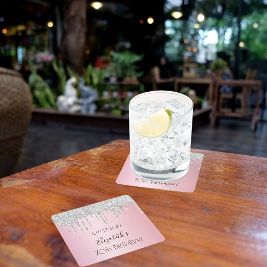 Roze zilveren glitter druppels naam verjaardag kartonnen onderzetters