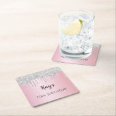 Roze zilveren glitter druppels naam verjaardag kartonnen onderzetters (Insitu)