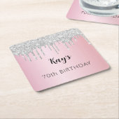 Roze zilveren glitter druppels naam verjaardag kartonnen onderzetters (Schuin)