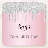 Roze zilveren glitter druppels naam verjaardag kartonnen onderzetters (Voorkant)