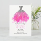 Roze & Zilveren Glitter Glam Jurk Sweet 16 Party Kaart (Staand voorkant)