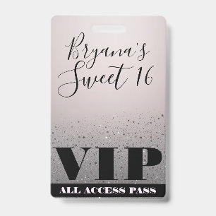 Roze Zilveren Glitter Glam Sweet 16 VIP Pas Badge