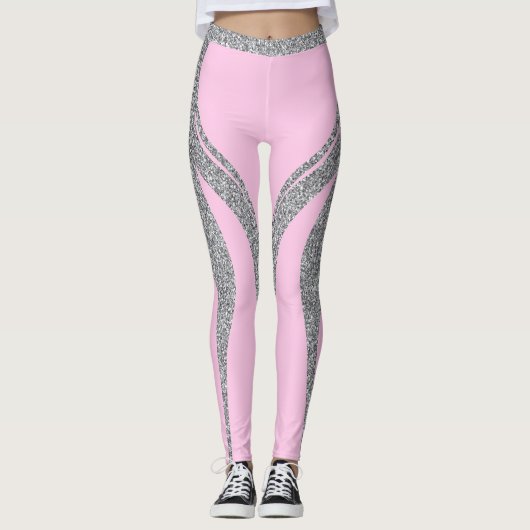 Roze Zilveren Glitter Hart Butt Activewear Leggings (Voorkant)