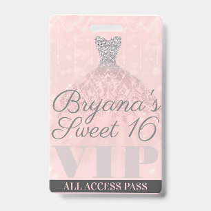 Roze Zilveren Glitter Jurk Sweet 16 VIP Pas Badge