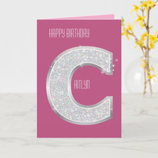 Roze zilveren glitter letter C Kaart (Gele Bloem)